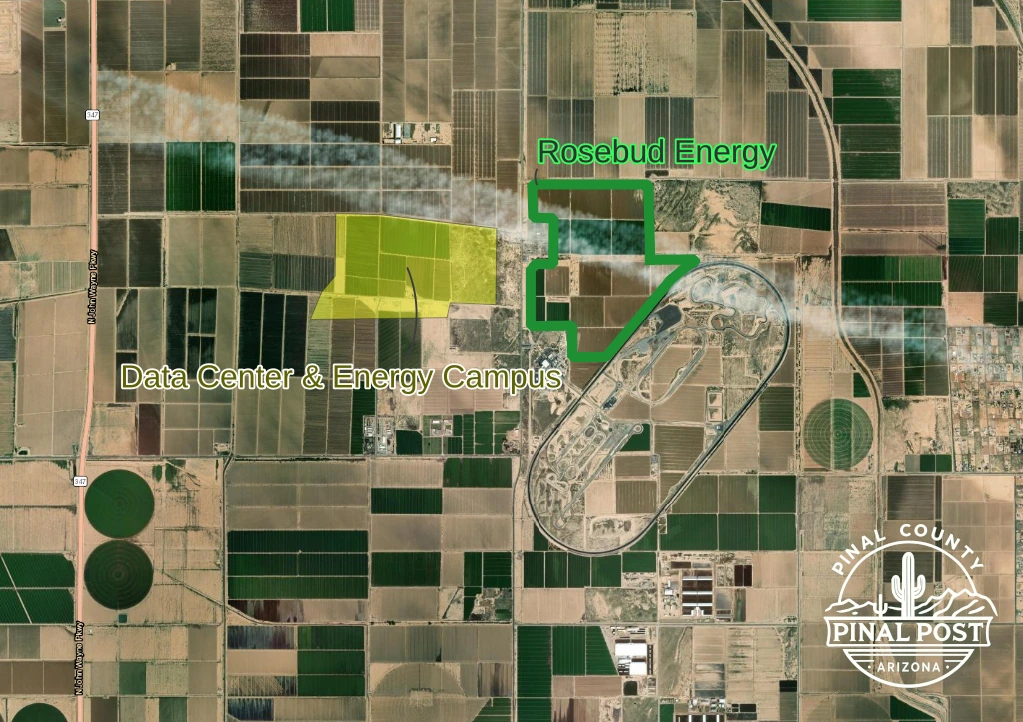 Aerial map of the Rosebud Energy Project site outlined in green beside the Nissan test track, with the planned data center campus in yellow to the west