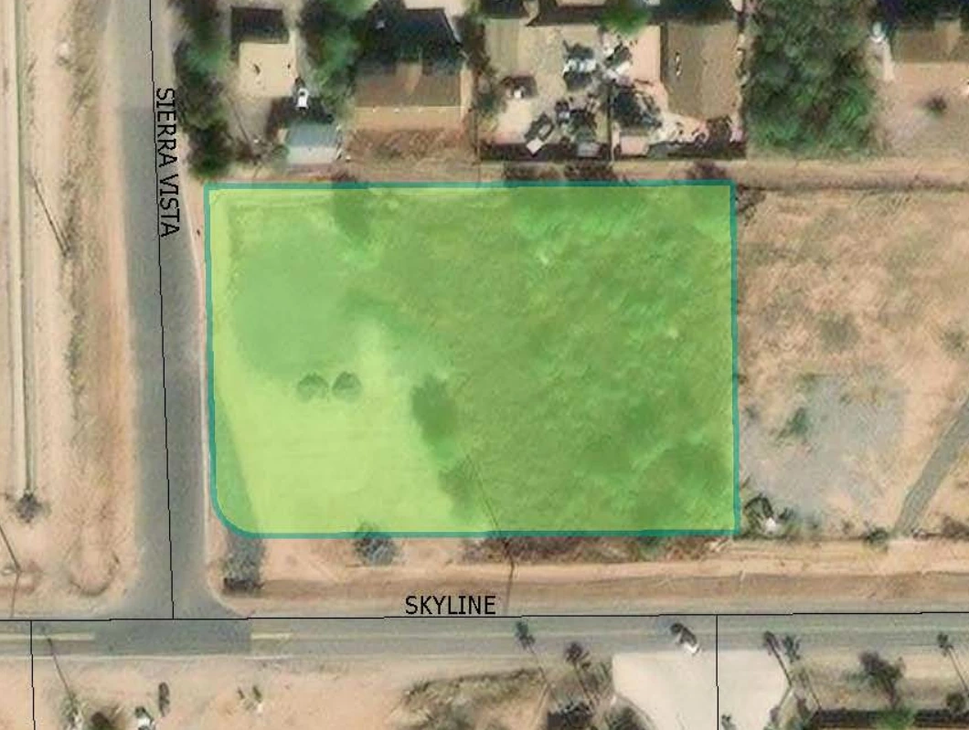 Aerial view of the outlined Skyline Park draft site at Skyline and Sierra Vista in San Tan Valley