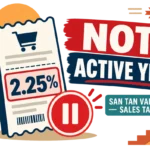 Illustration of a shopping receipt showing a 2.25% charge next to a pause symbol and the words "Not Active Yet" and "San Tan Valley Sales Tax," with a desert landscape in the background.