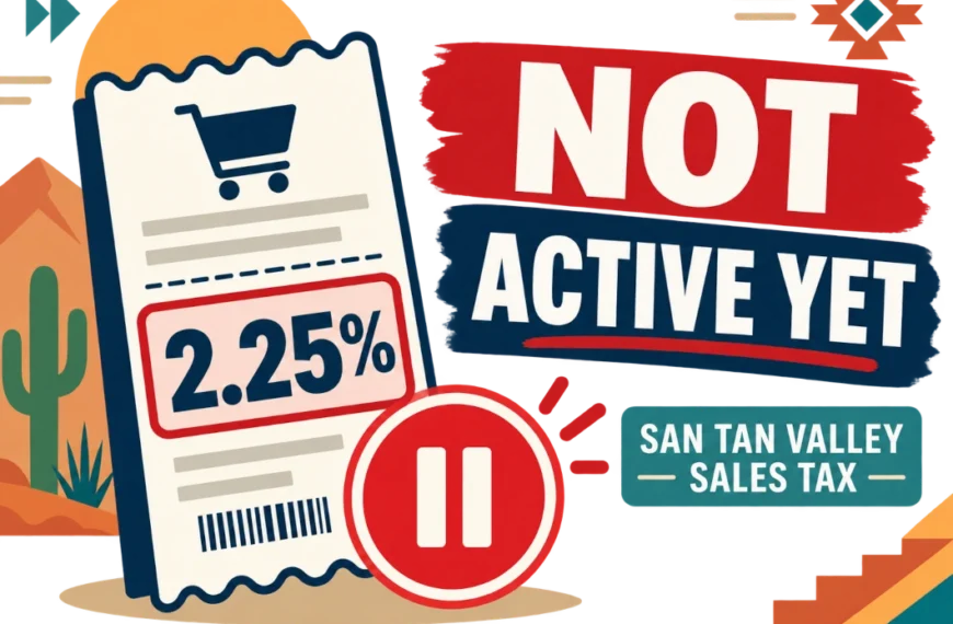 Illustration of a shopping receipt showing a 2.25% charge next to a pause symbol and the words "Not Active Yet" and "San Tan Valley Sales Tax," with a desert landscape in the background.