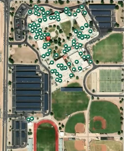 An aerial map of Vista Grande High School in Casa Grande marked with dozens of security-camera locations.