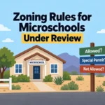 Illustration of a house labeled “Microschool” beside signs reading “Allowed?”, “Special Permit?” and “Not Allowed?” The headline reads “Zoning Rules for Microschools Under Review.”