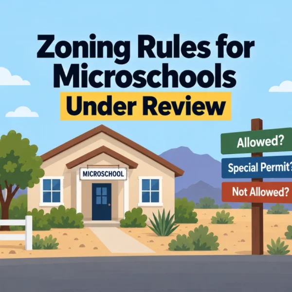 Illustration of a house labeled “Microschool” beside signs reading “Allowed?”, “Special Permit?” and “Not Allowed?” The headline reads “Zoning Rules for Microschools Under Review.”