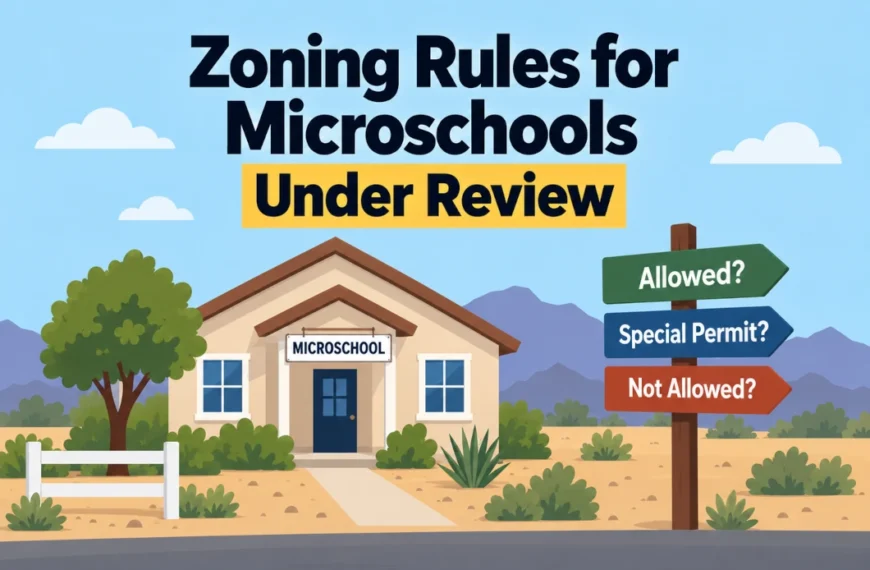 Illustration of a house labeled “Microschool” beside signs reading “Allowed?”, “Special Permit?” and “Not Allowed?” The headline reads “Zoning Rules for Microschools Under Review.”