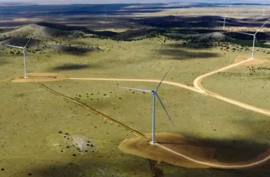 Aerial view of wind turbines spread across open grassland beneath distant hills