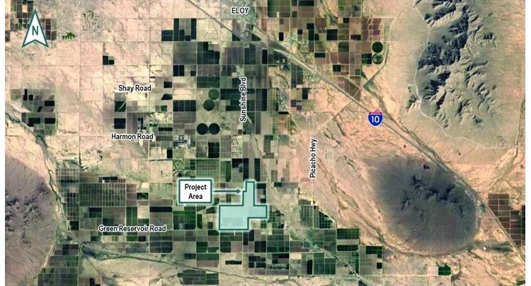 Aerial map showing the Eloy Valley Energy Center III project area outlined in blue along Sunshine Boulevard near Green Reservoir Road south of Eloy with Interstate 10 and Picacho Highway to the east