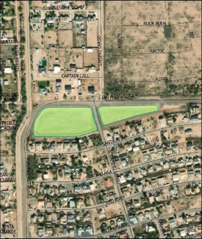 Aerial view of the VOS Basin Park draft site two highlighted parcels along Rolling Ridge in Valley of the Sun Estates