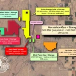 Satellite map of the Horseshoe Energy Project and other proposed energy projects near the Pinal West Substation. The 159-acre Horseshoe gas and battery site sits just east of the substation, with Elixir Power and Hazy Peak Storage to the south, Tap Solar to the southeast, and the Prism, Pinyon and Caballero solar projects to the north and west.
