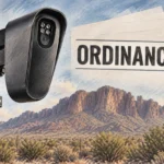 Illustration for the Flock camera ordinance: a license plate camera mounted on a pole beside pages labeled "Ordinance," with the Superstition Mountains and a saguaro behind.