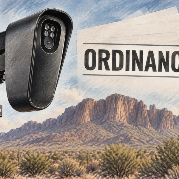 Illustration for the Flock camera ordinance: a license plate camera mounted on a pole beside pages labeled "Ordinance," with the Superstition Mountains and a saguaro behind.