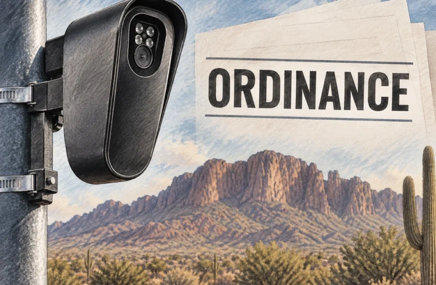 Illustration for the Flock camera ordinance: a license plate camera mounted on a pole beside pages labeled "Ordinance," with the Superstition Mountains and a saguaro behind.