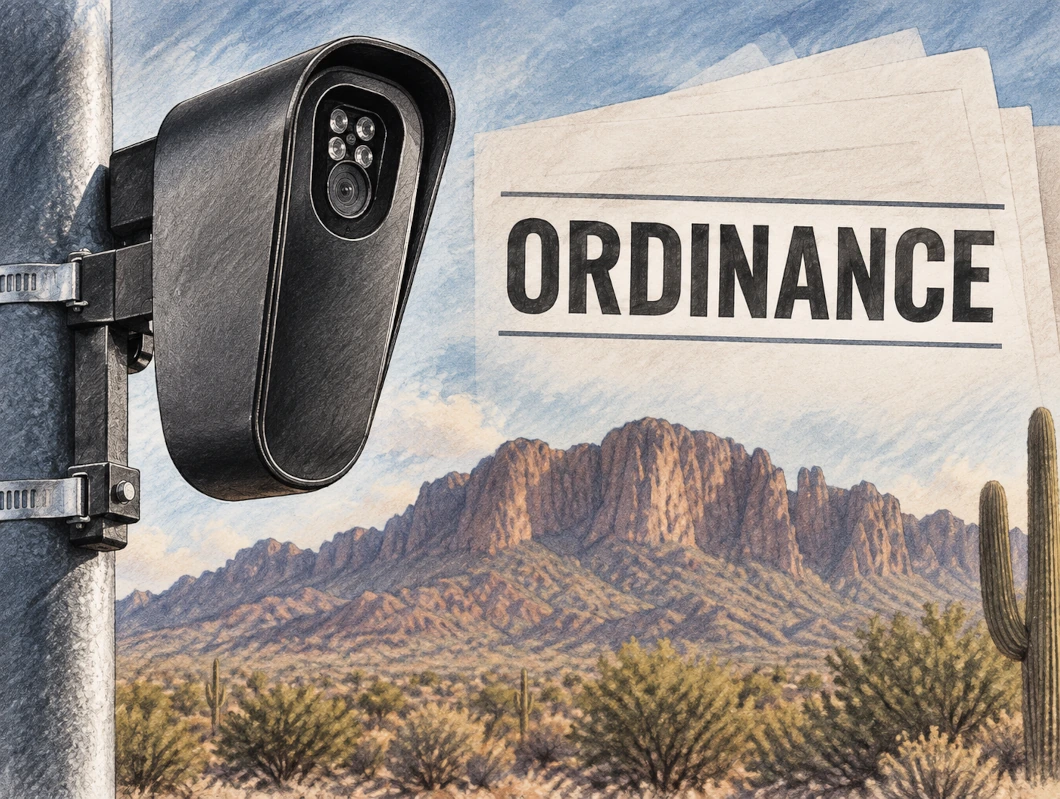 Illustration for the Flock camera ordinance: a license plate camera mounted on a pole beside pages labeled "Ordinance," with the Superstition Mountains and a saguaro behind.