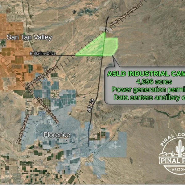 Map of the 4,696-acre SR 79 industrial rezoning site on state land north of Skyline Drive, between San Tan Valley and Florence