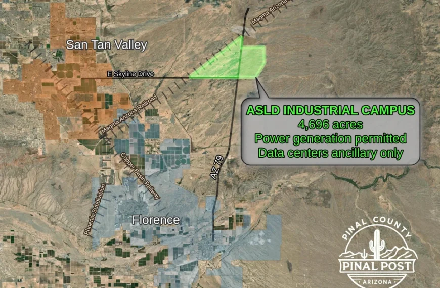 Map of the 4,696-acre SR 79 industrial rezoning site on state land north of Skyline Drive, between San Tan Valley and Florence