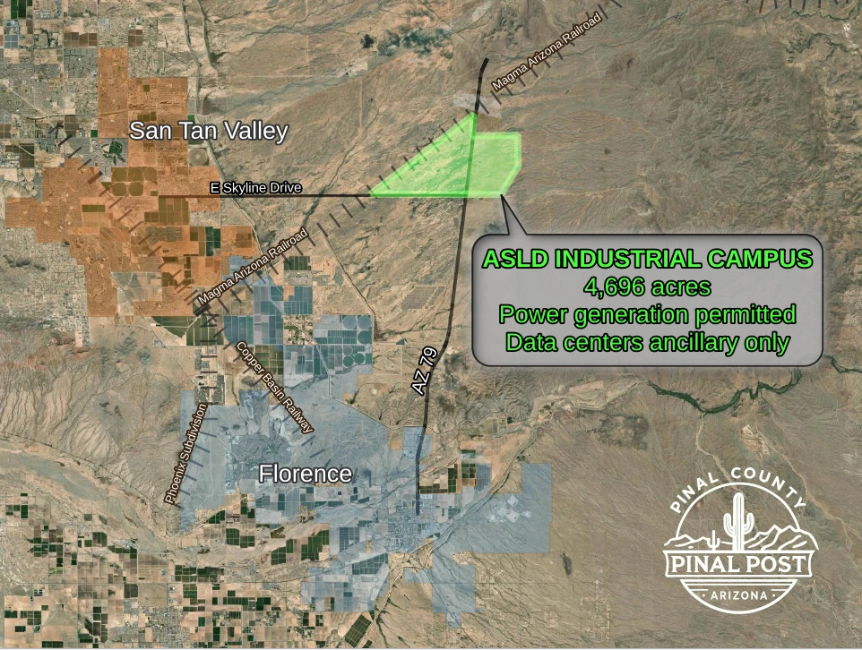 Map of the 4,696-acre SR 79 industrial rezoning site on state land north of Skyline Drive, between San Tan Valley and Florence